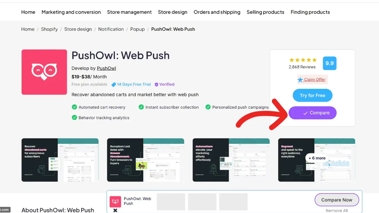 The PushOwl Web Push Notifications app for Shopify, enabling automated notifications for abandoned carts, product updates, and flash sales, with excellent user reviews